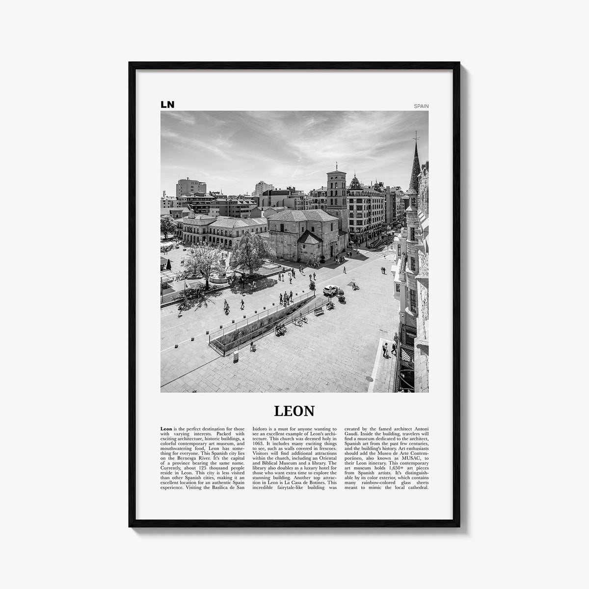 León black & white newspaper poster of Spain – vertical wall art, unframed print shown in interior mockup