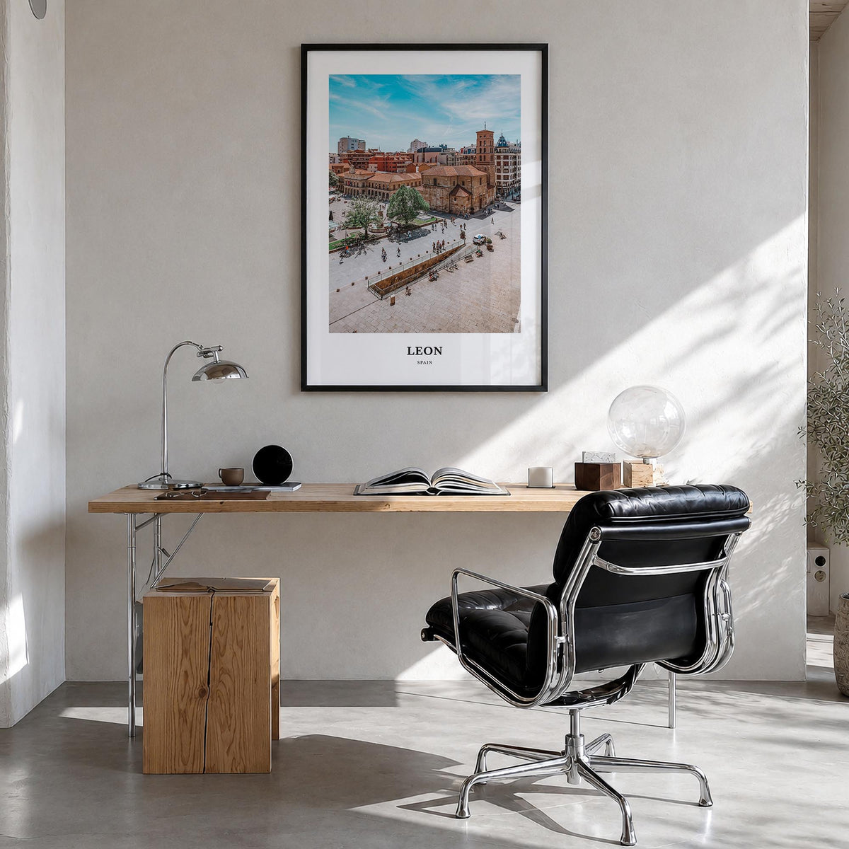 León no. 1 colorful classic poster of Spain – vertical wall art in black wood frame, hanging on wall
