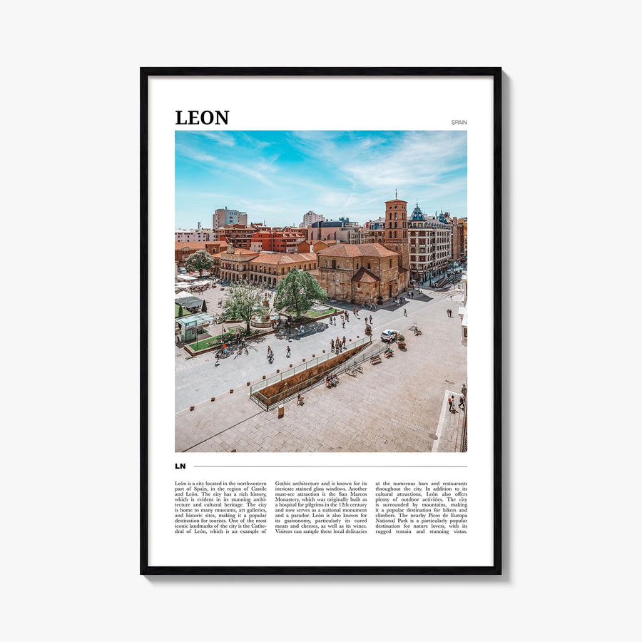 León no. 1 colorful travel poster of Spain – vertical wall art, unframed print shown in interior mockup