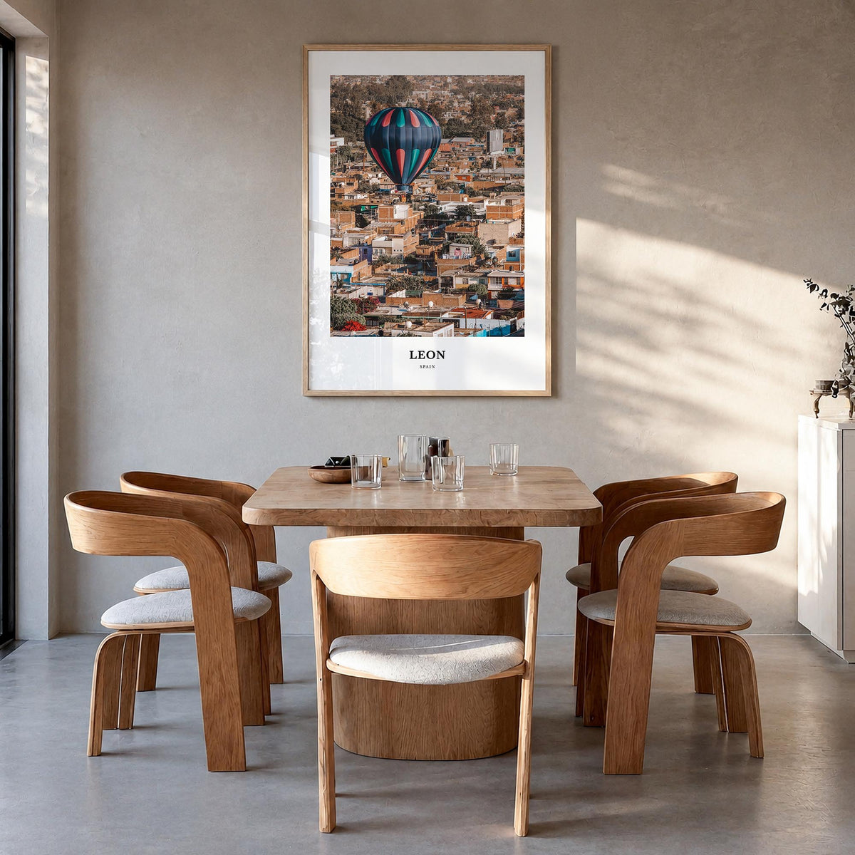 León no. 2 colorful classic poster of Spain – vertical wall art in natural wood frame, hanging on wall