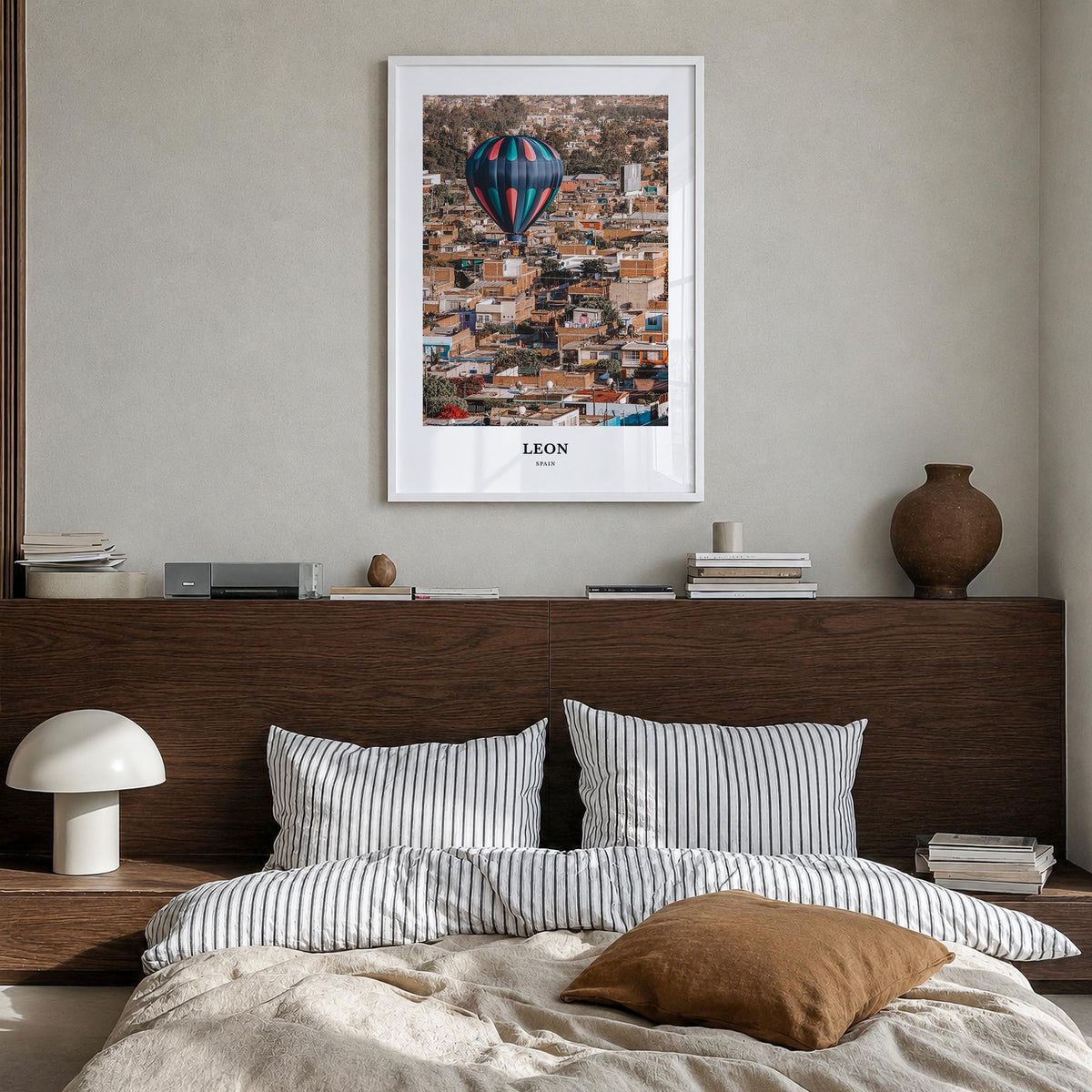 León no. 2 colorful classic poster of Spain – vertical wall art in white wood frame, hanging on wall