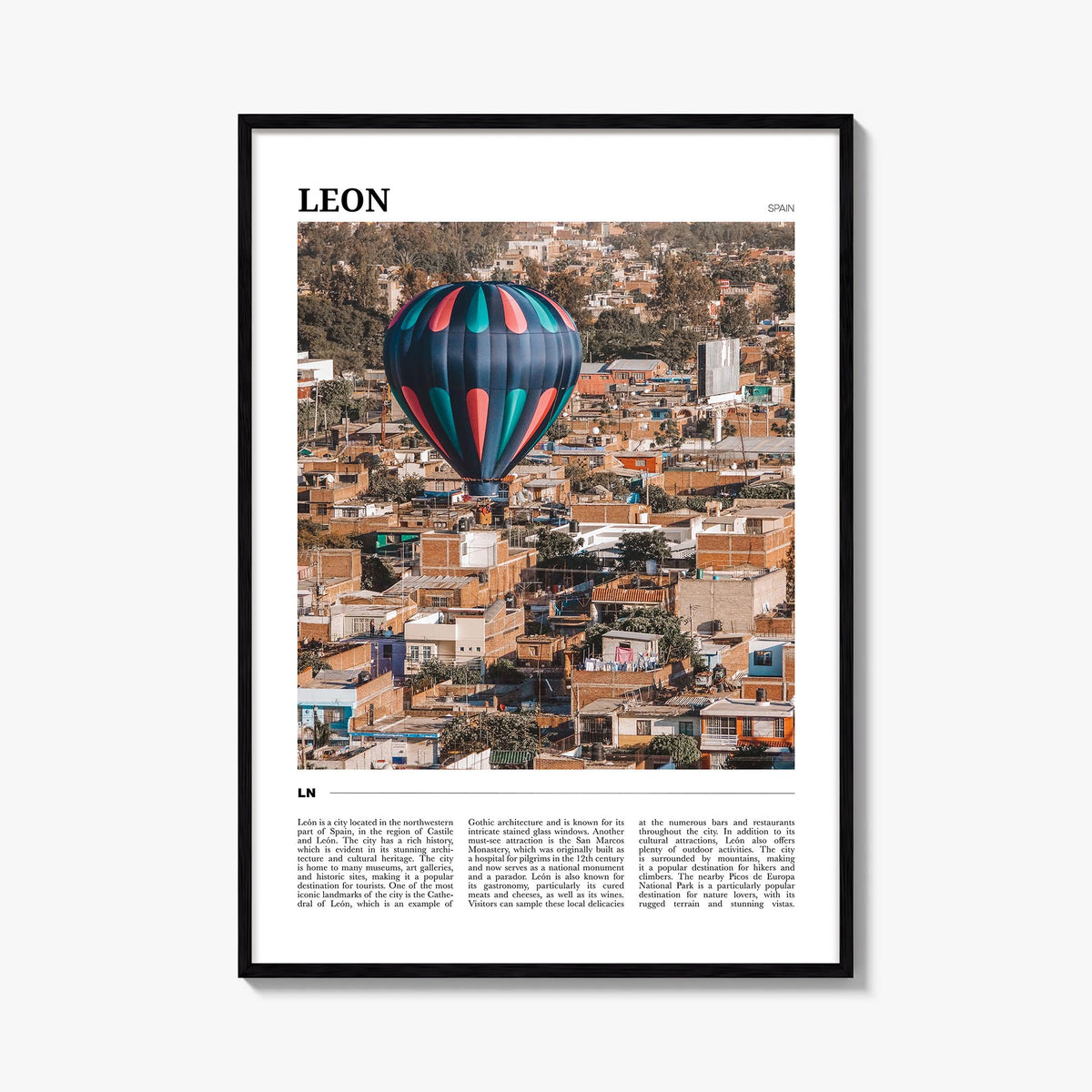 León no. 2 colorful travel poster of Spain – vertical wall art, unframed print shown in interior mockup