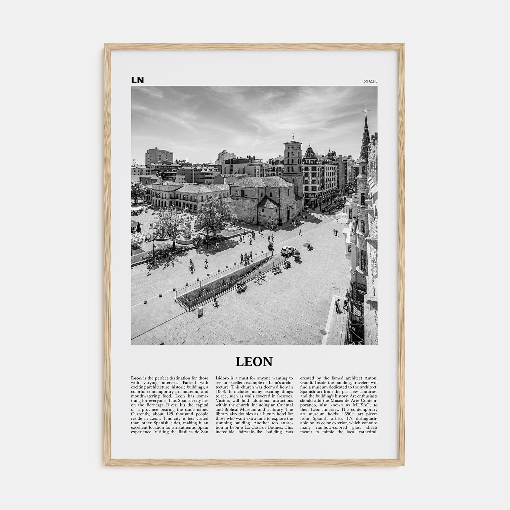 Leon, Spain Poster Natural Wood / 8x12 in Nbourhood Travel B&W Poster