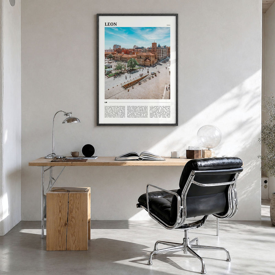 León Travel No 1 Poster in a black wood frame, hanging in a bright home office