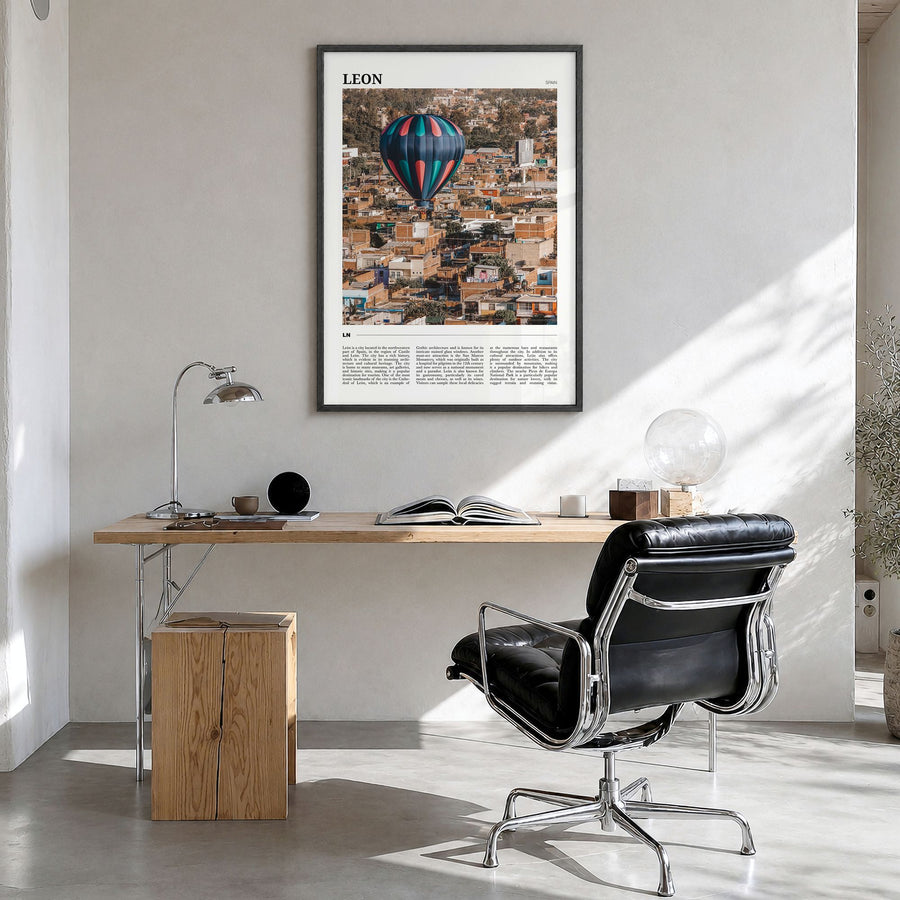 León Travel No 2 Poster in a black wood frame, hanging in a bright home office