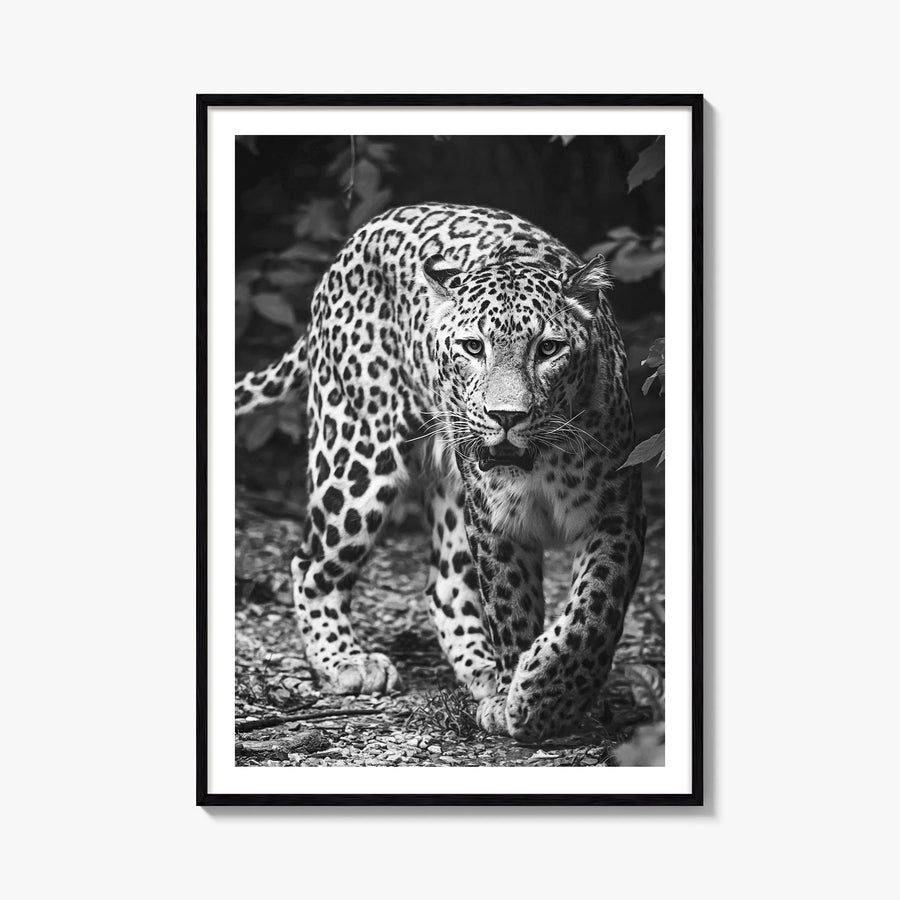 Leopard no. 1 black & white photo poster – vertical wall art, unframed print shown in interior mockup
