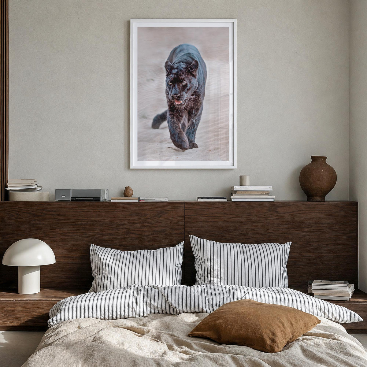 Leopard no. 1 colorful photo poster – vertical wall art in white wood frame with white border, hanging on wall