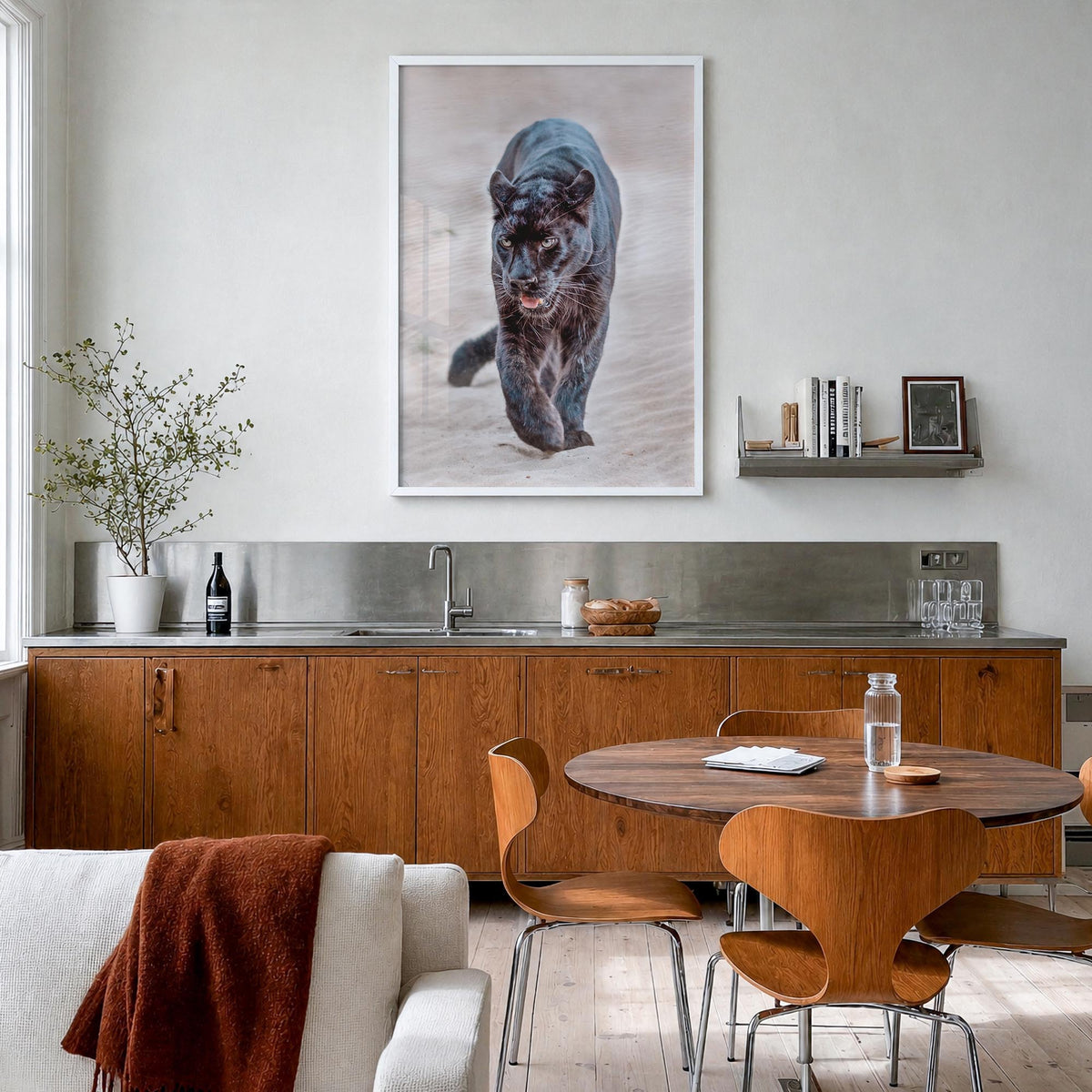 Leopard no. 1 colorful photo poster – vertical wall art in white wood frame, hanging on wall
