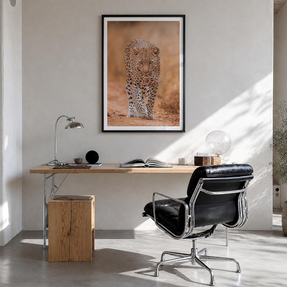 Leopard no. 2 colorful photo poster – vertical wall art in black wood frame with white border, hanging on wall