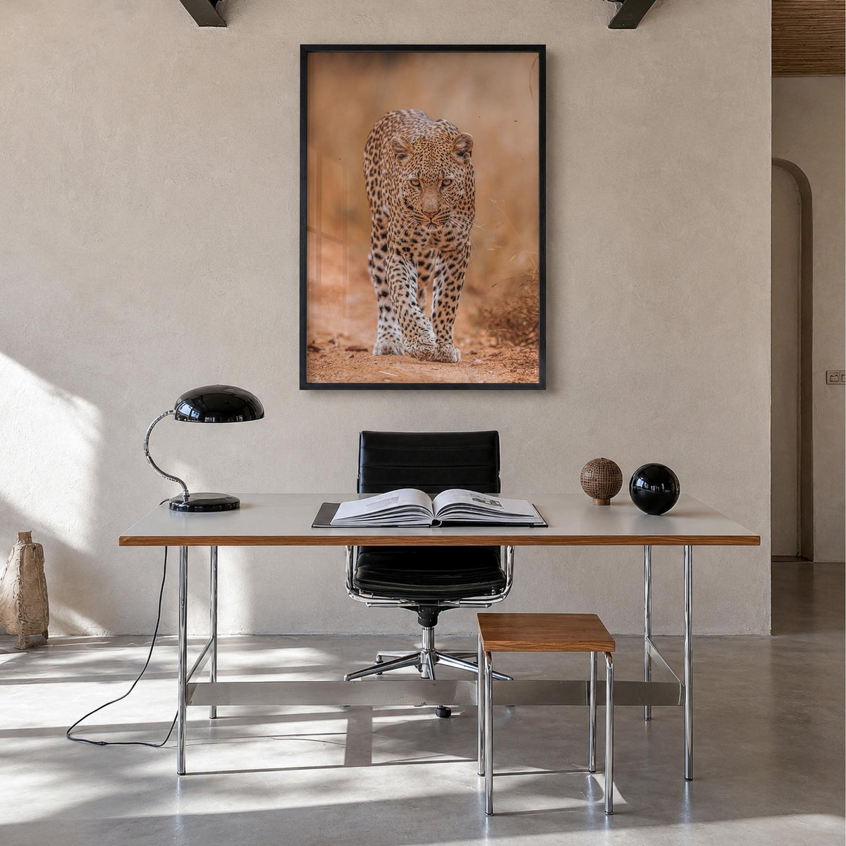 Leopard no. 2 colorful photo poster – vertical wall art in black wood frame, hanging on wall