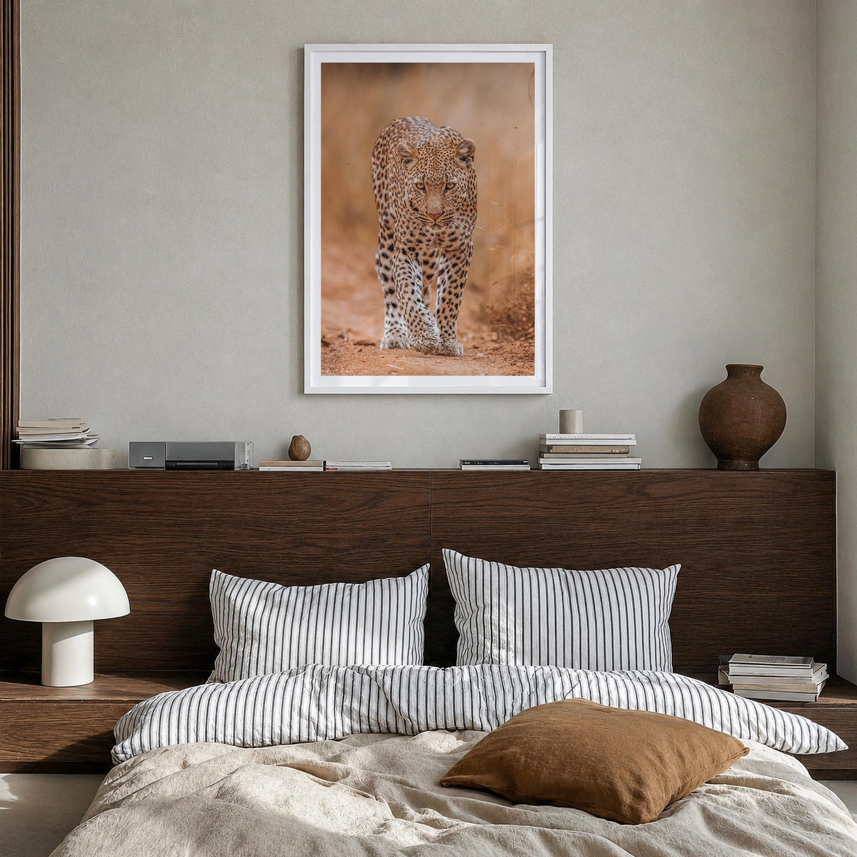Leopard no. 2 colorful photo poster – vertical wall art in white wood frame with white border, hanging on wall