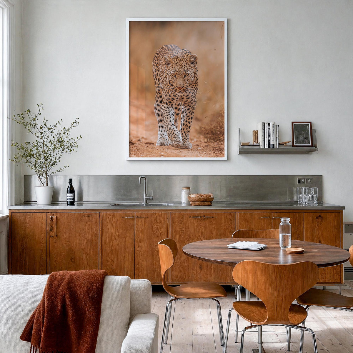 Leopard no. 2 colorful photo poster – vertical wall art in white wood frame, hanging on wall