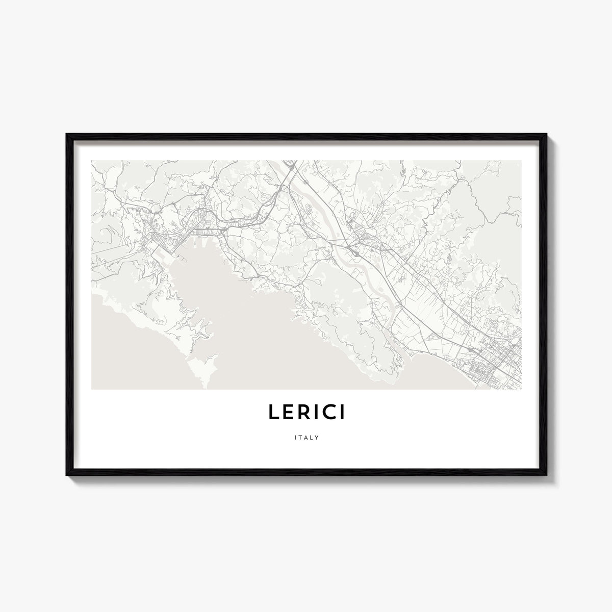 Lerici black & white map poster of Italy – horizontal wall art, unframed print shown in interior mockup