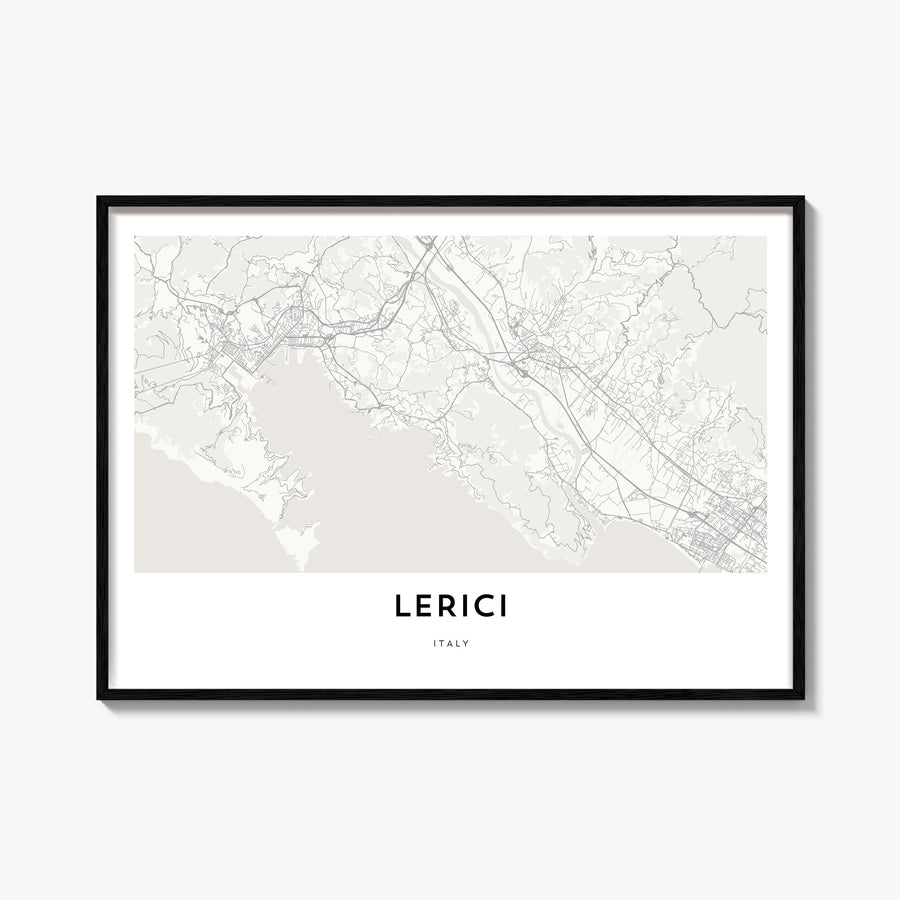 Lerici black & white map poster of Italy – horizontal wall art, unframed print shown in interior mockup