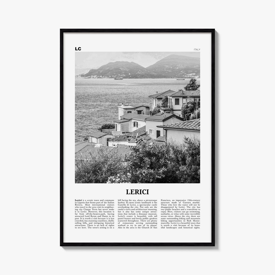 Lerici black & white newspaper poster of Italy – vertical wall art, unframed print shown in interior mockup