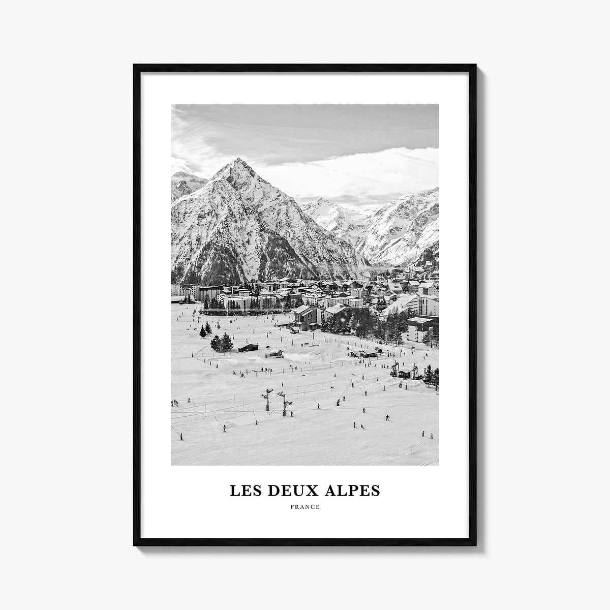 Les Deux Alpes black & white classic poster of France – vertical wall art, unframed print shown in interior mockup