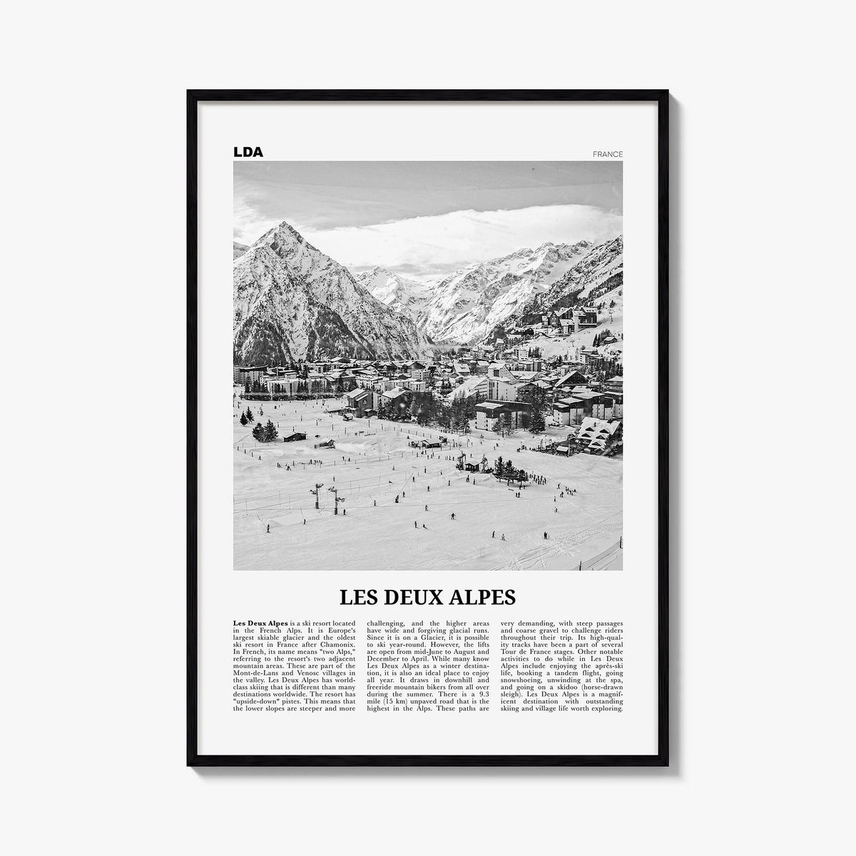 Les Deux Alpes black & white newspaper poster of France – vertical wall art, unframed print shown in interior mockup