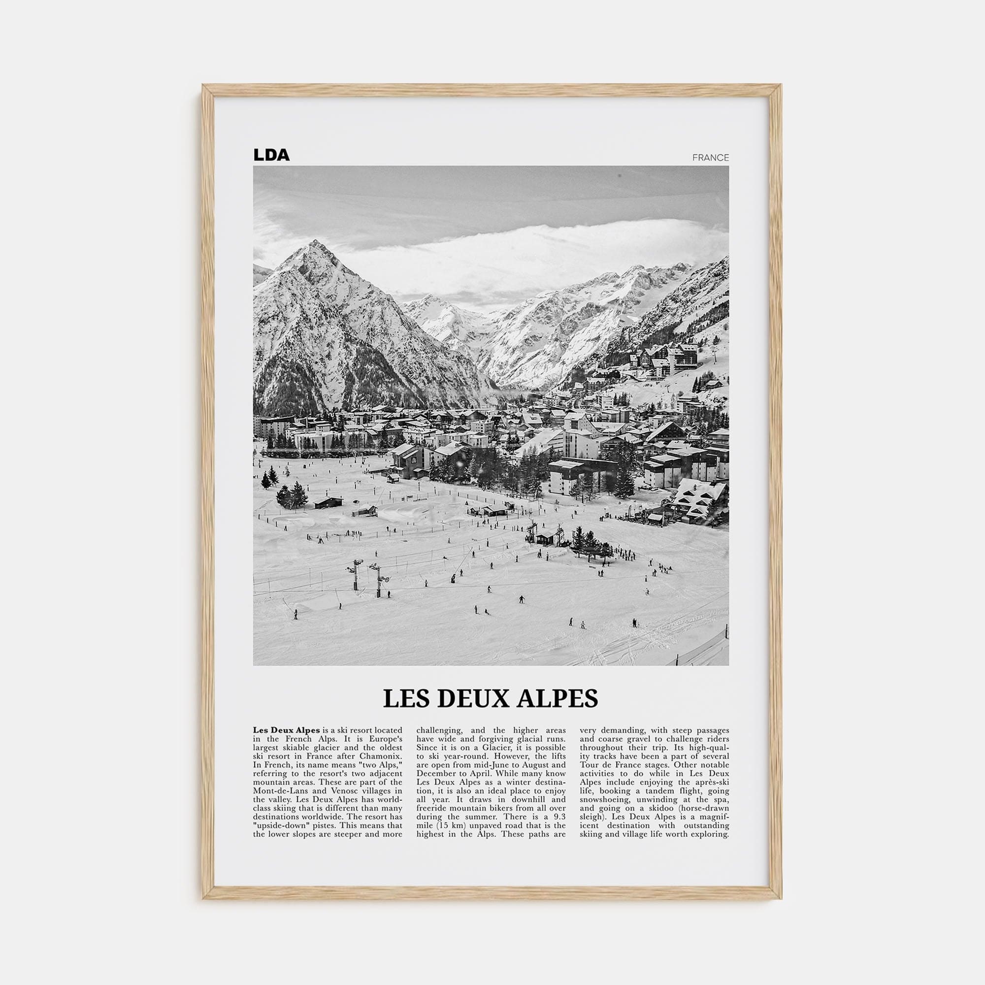 Les Deux Alpes Poster Natural Wood / 8x12 in Nbourhood Travel B&W Poster