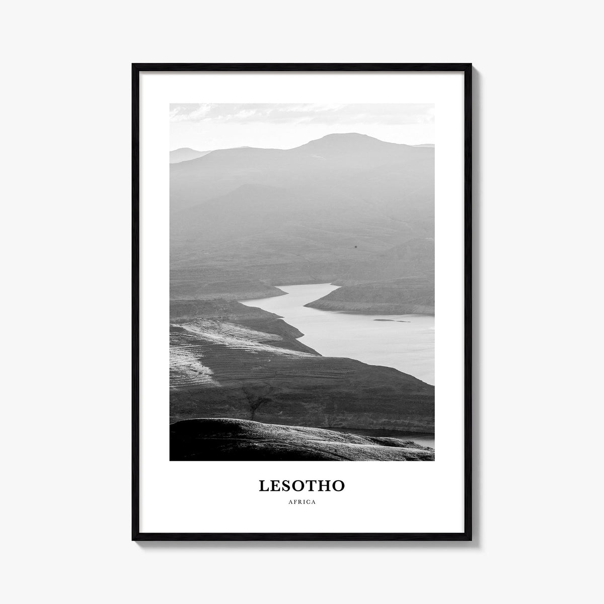 Lesotho black & white classic poster of Africa – vertical wall art, unframed print shown in interior mockup