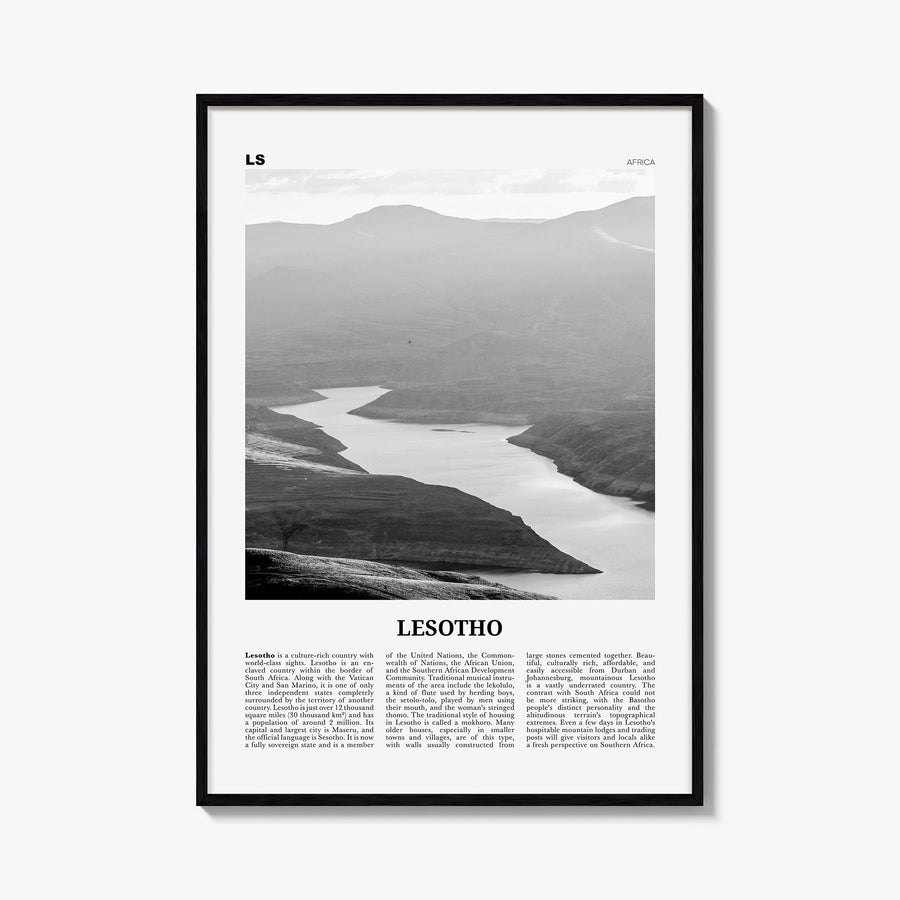 Lesotho black & white newspaper poster of Africa – vertical wall art, unframed print shown in interior mockup