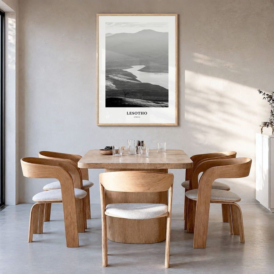 Lesotho Classic Poster in a natural wood frame, hanging in a dining room