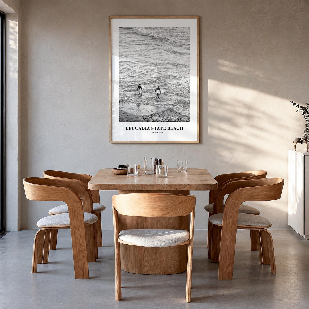 Leucadia State Beach black & white classic poster of California, USA – vertical wall art in natural wood frame, hanging on wa