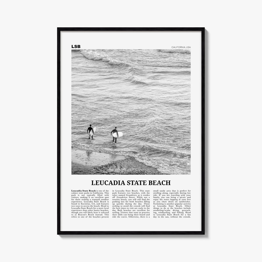 Leucadia State Beach black & white newspaper poster of California, USA – vertical wall art, unframed print shown in interior 