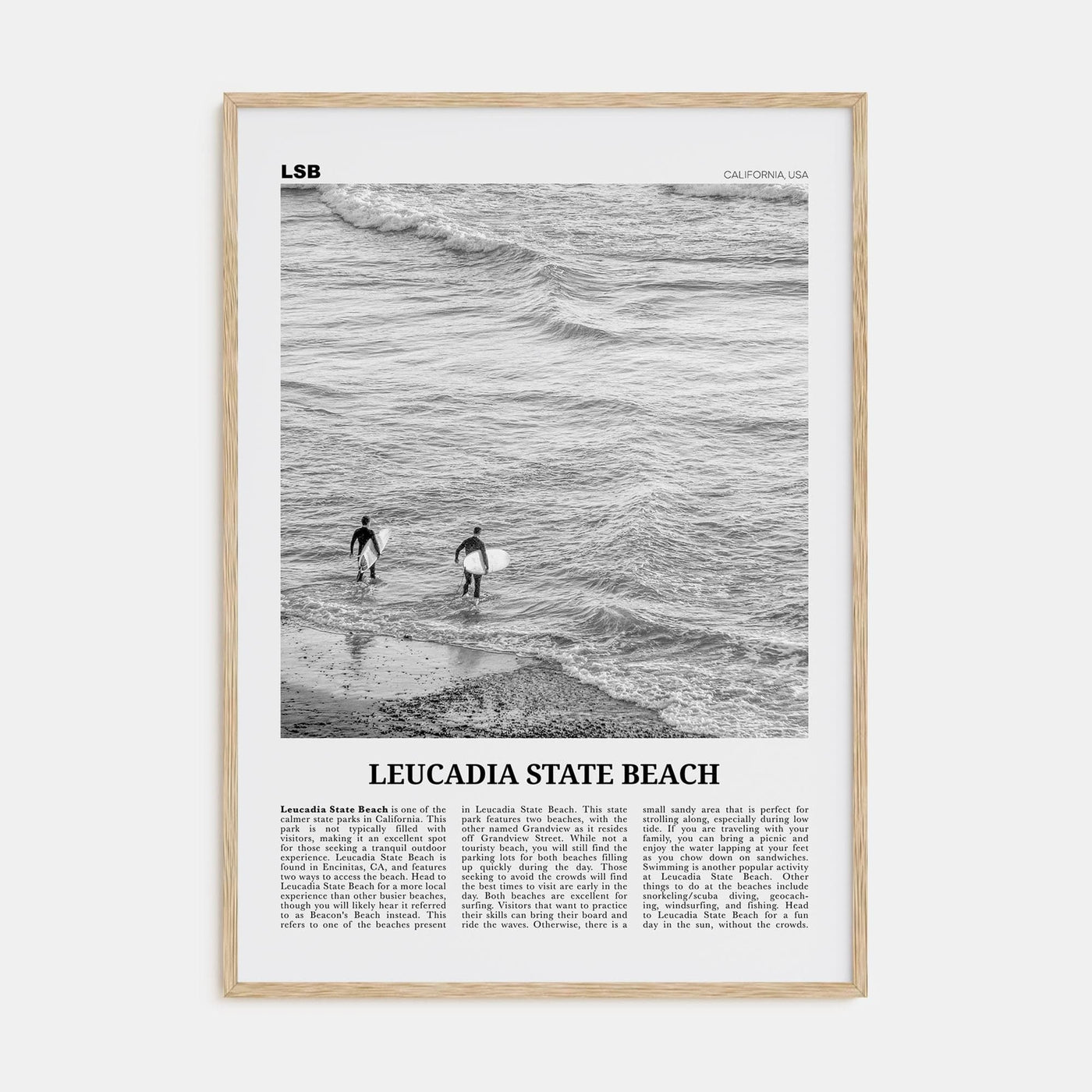 Leucadia State Beach Poster Natural Wood / 8x12 in Nbourhood Travel B&W Poster