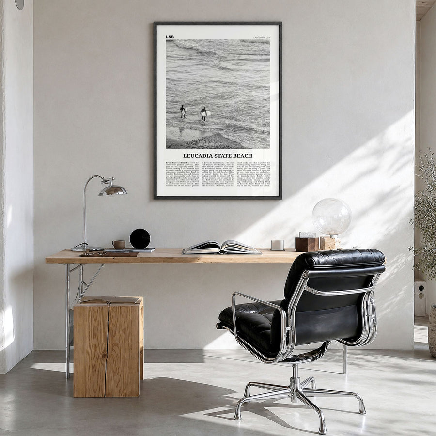Leucadia State Beach Newspaper Poster in a black wood frame, hanging in a bright home office