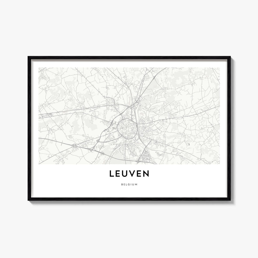 Leuven black & white map poster of Belgium – horizontal wall art, unframed print shown in interior mockup