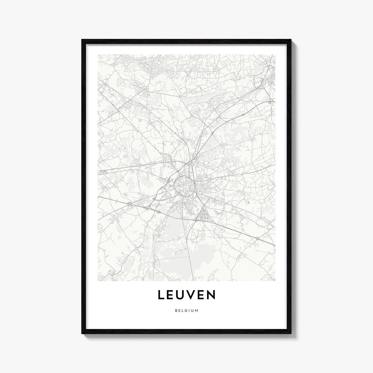 Leuven black & white map poster of Belgium – vertical wall art, unframed print shown in interior mockup