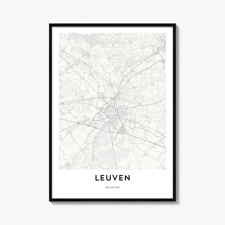 Leuven black & white map poster of Belgium – vertical wall art, unframed print shown in interior mockup