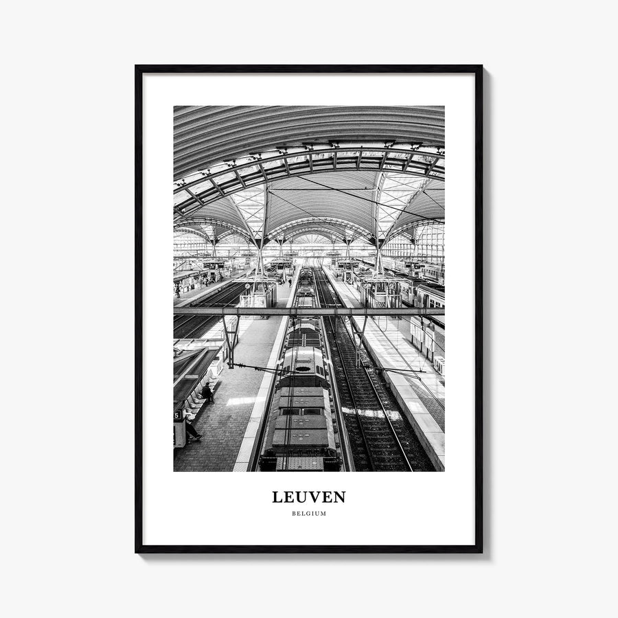 Leuven no. 2 black & white classic poster of Belgium – vertical wall art, unframed print shown in interior mockup