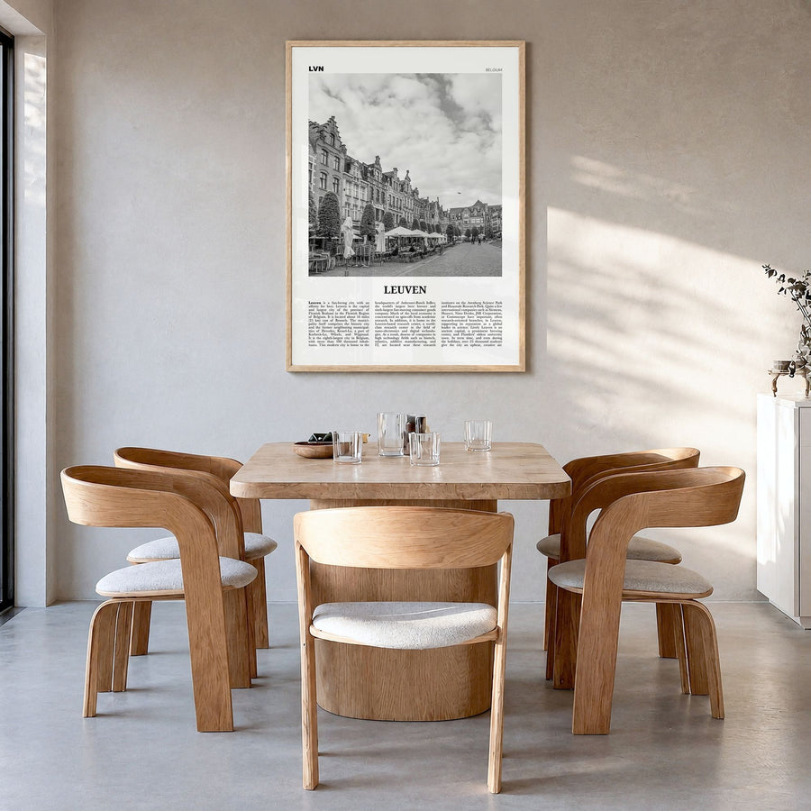 Leuven Newspaper No 1 Poster in a natural wood frame, hanging in a dining room