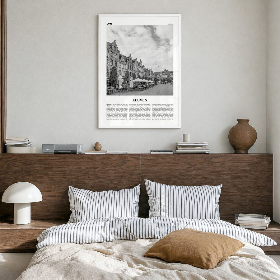 Leuven Newspaper No 1 Poster in a white wood frame, hanging in a bedroom