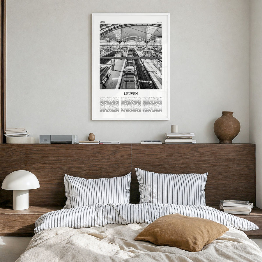 Leuven Newspaper No 2 Poster in a white wood frame, hanging in a bedroom
