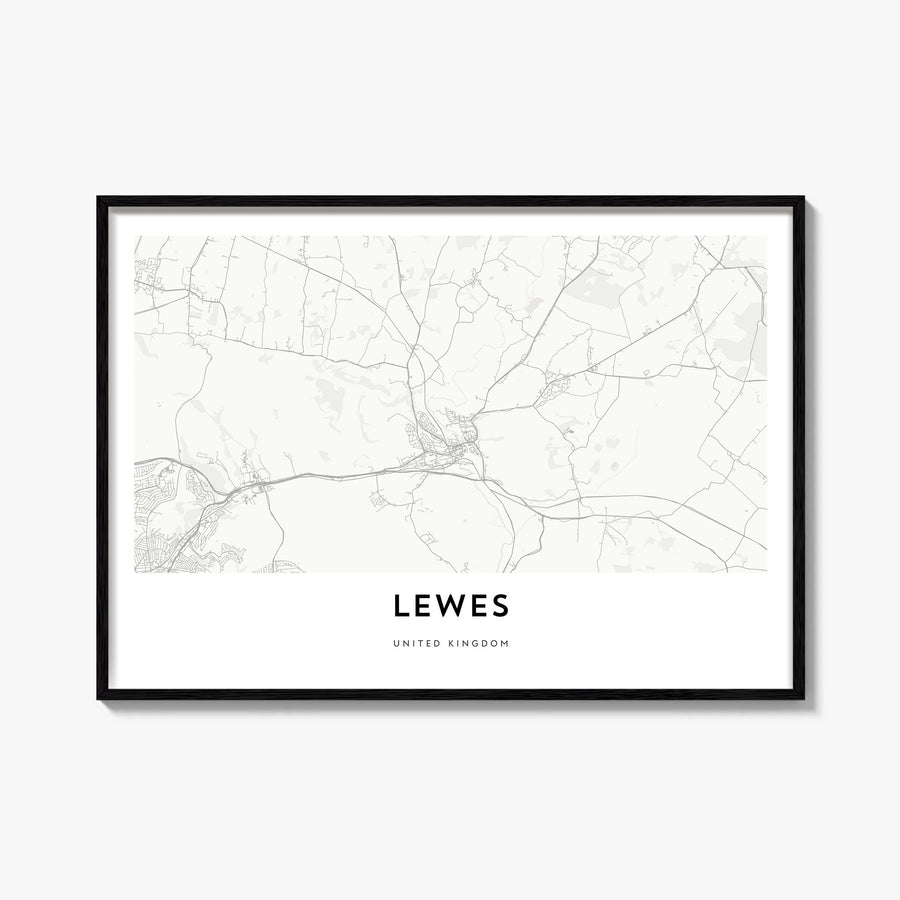 Lewes black & white map poster of Delaware, USA – horizontal wall art, unframed print shown in interior mockup