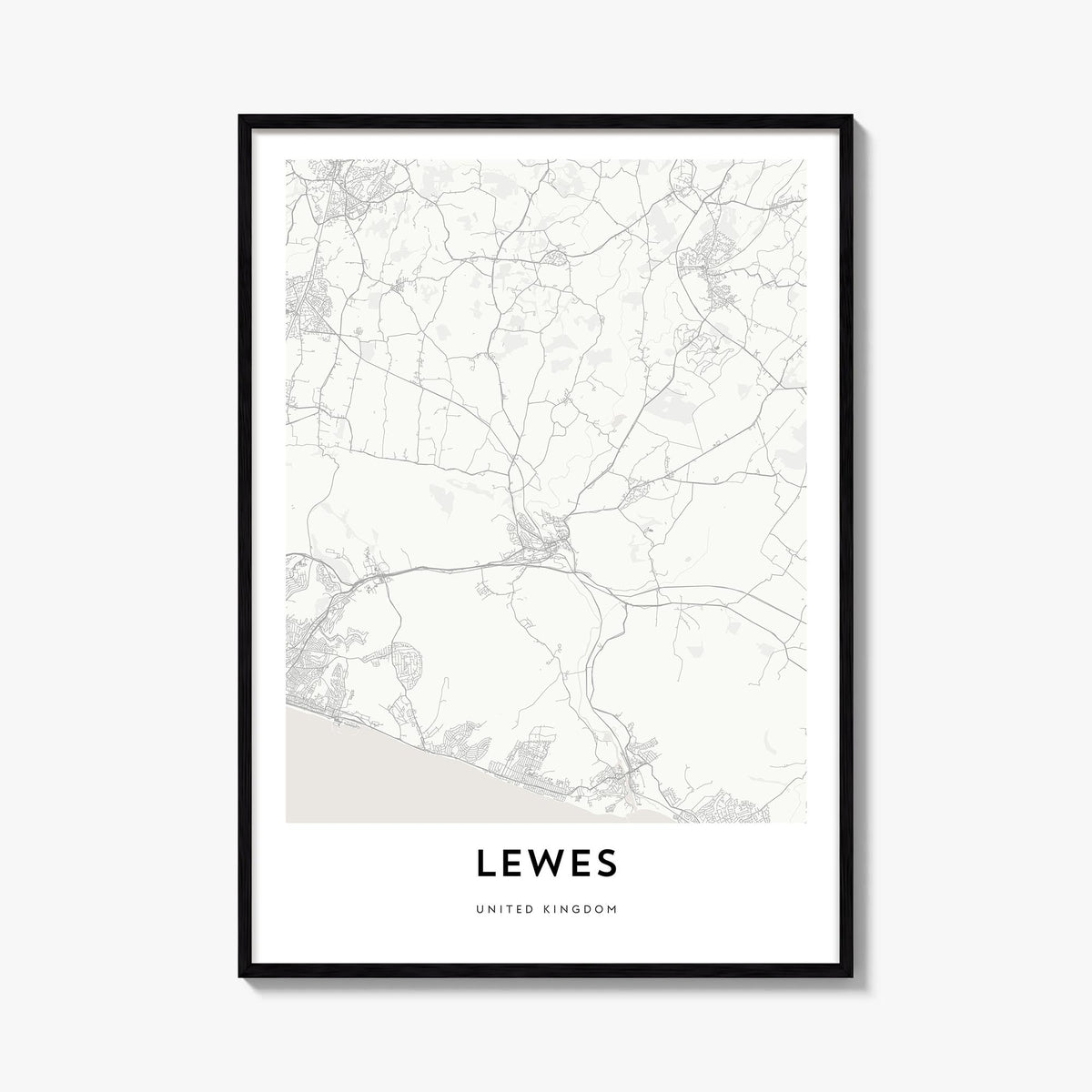 Lewes black & white map poster of Delaware, USA – vertical wall art, unframed print shown in interior mockup