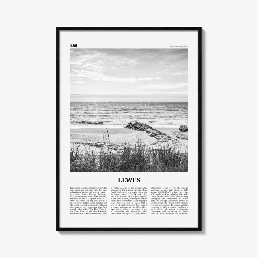 Lewes black & white newspaper poster of Delaware, USA – vertical wall art, unframed print shown in interior mockup