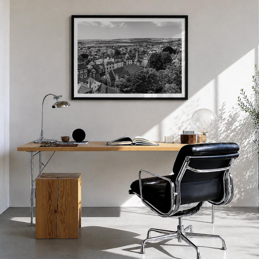 Lewes black & white photo poster of Delaware, USA – horizontal wall art in black wood frame with white border, hanging on wal