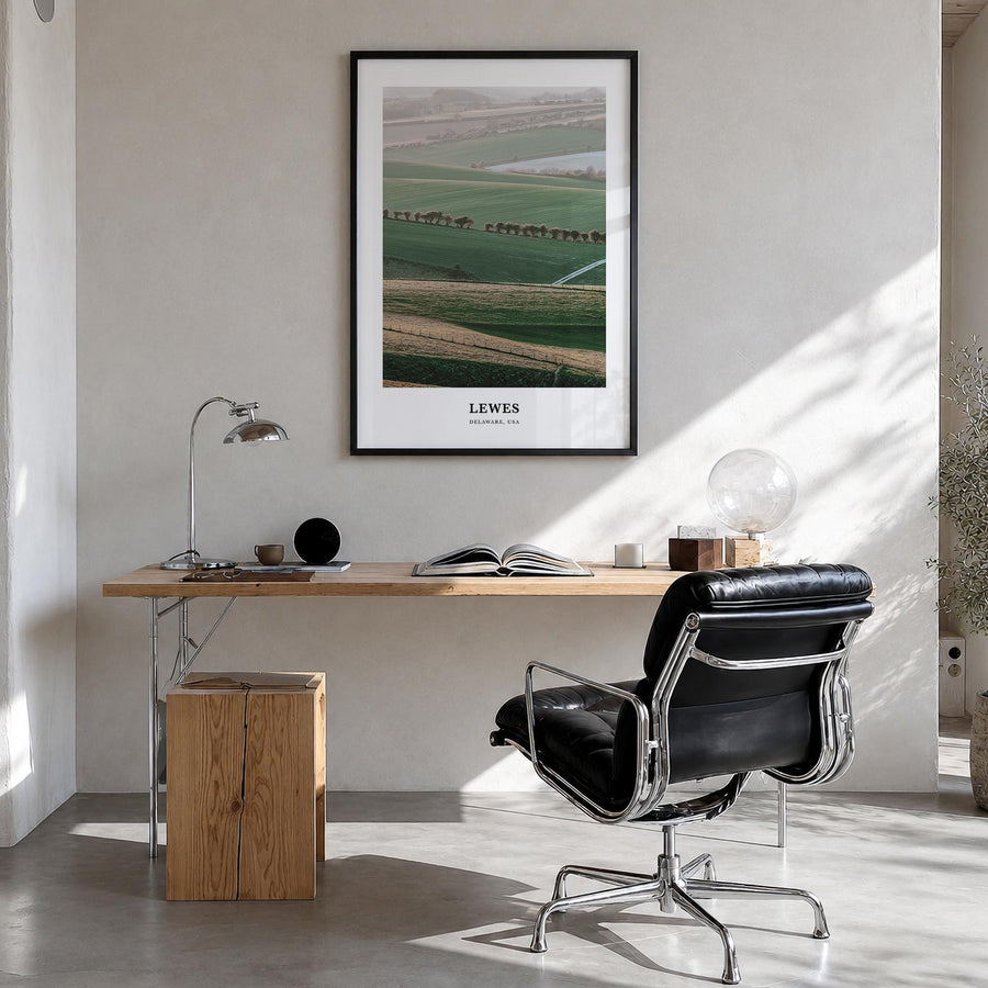 Lewes colorful classic poster of Delaware, USA – vertical wall art in black wood frame, hanging on wall