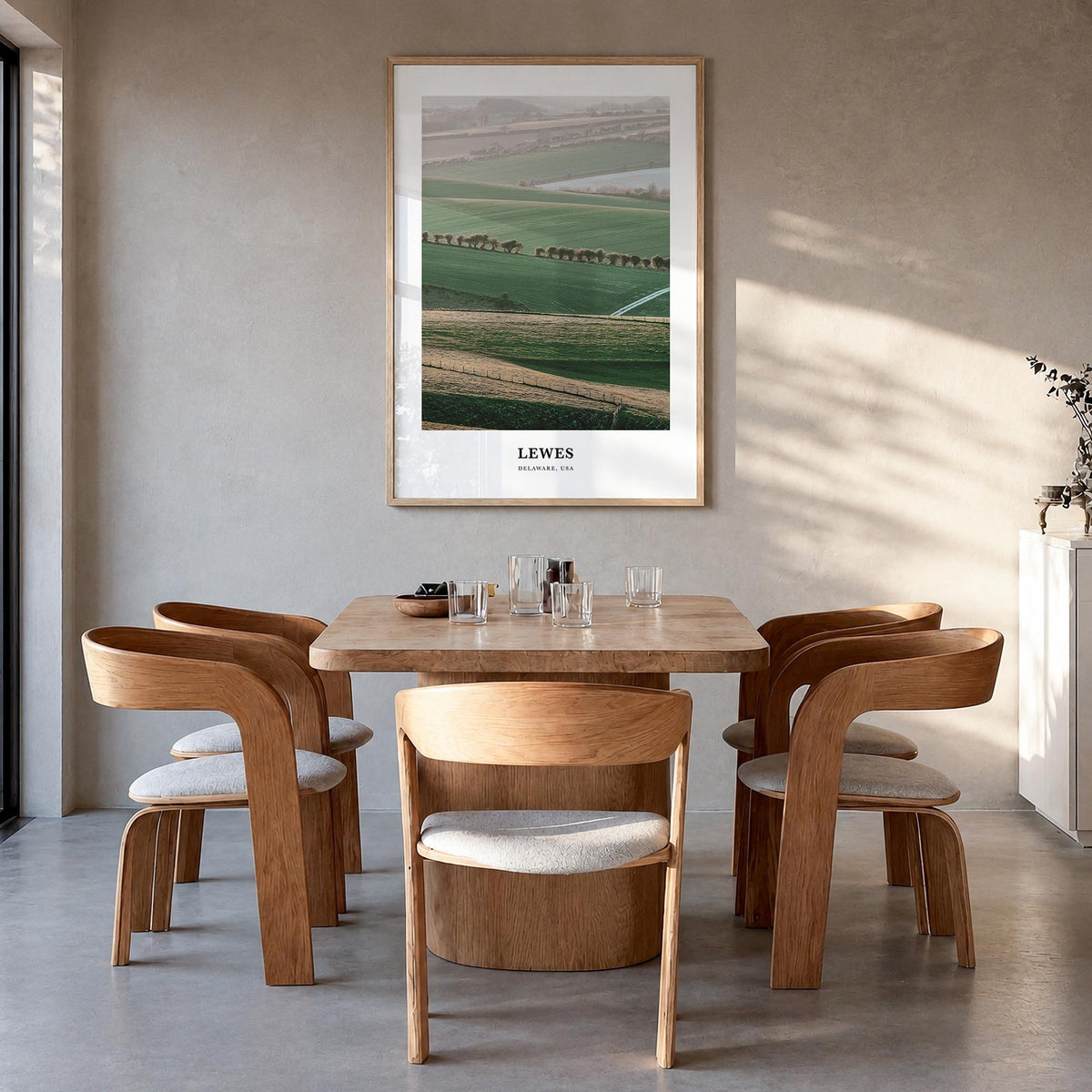 Lewes colorful classic poster of Delaware, USA – vertical wall art in natural wood frame, hanging on wall