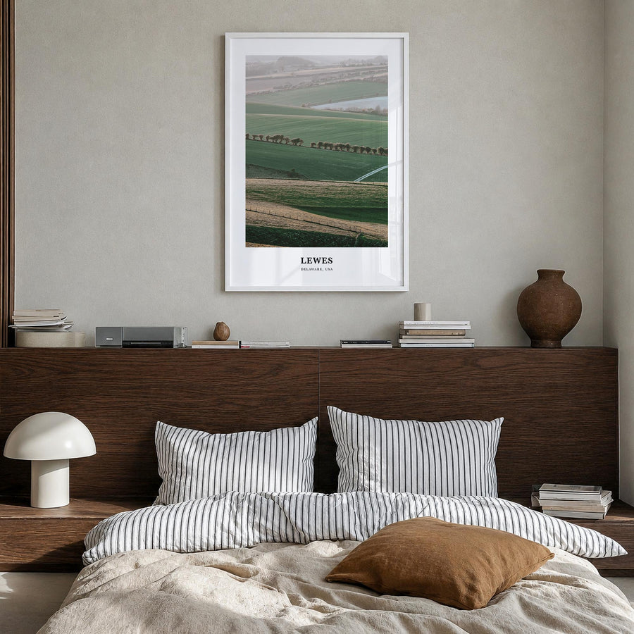 Lewes colorful classic poster of Delaware, USA – vertical wall art in white wood frame, hanging on wall