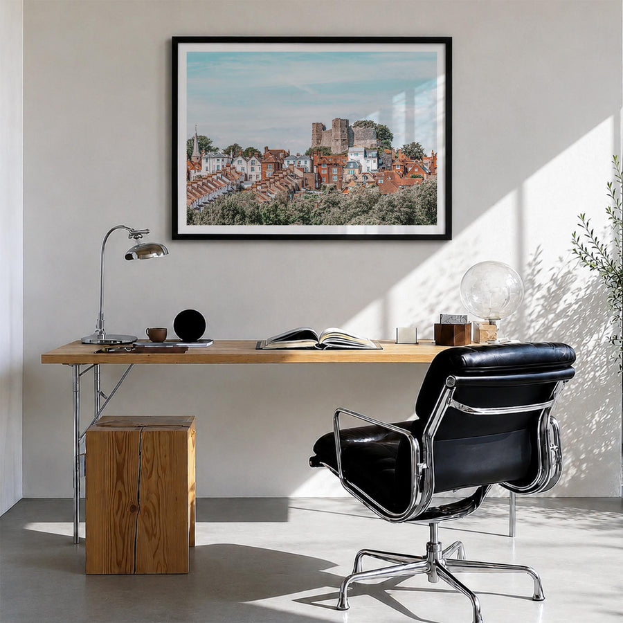 Lewes colorful photo poster of Delaware, USA – horizontal wall art in black wood frame with white border, hanging on wall