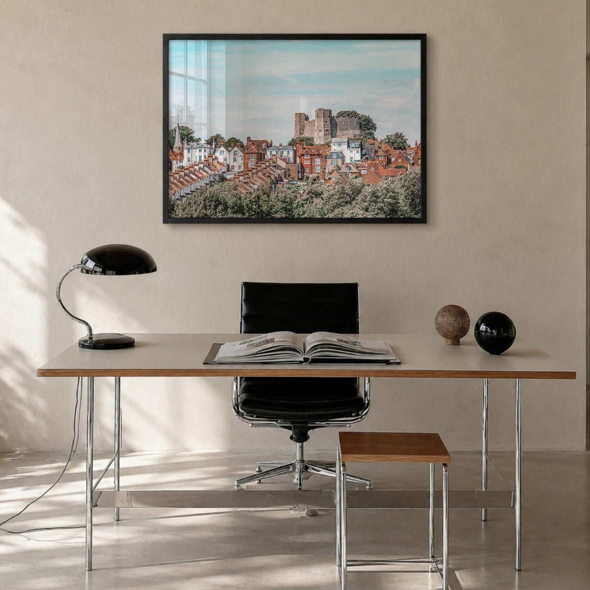 Lewes colorful photo poster of Delaware, USA – horizontal wall art in black wood frame, hanging on wall