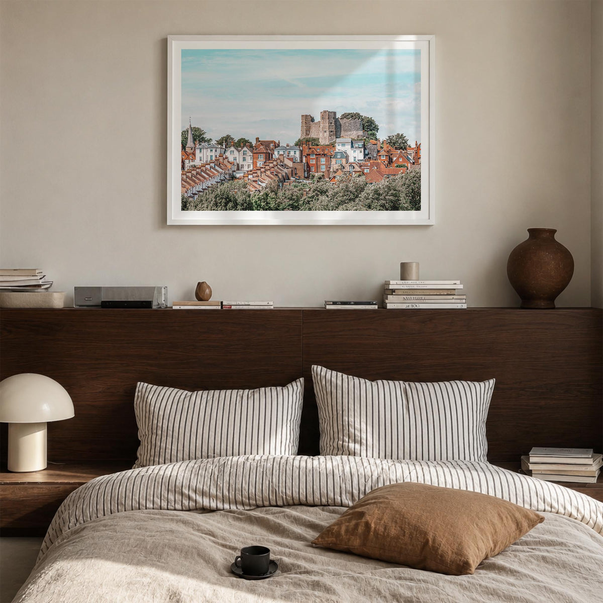 Lewes colorful photo poster of Delaware, USA – horizontal wall art in white wood frame with white border, hanging on wall
