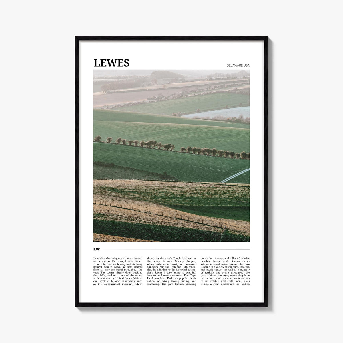 Lewes colorful travel poster of Delaware, USA – vertical wall art, unframed print shown in interior mockup