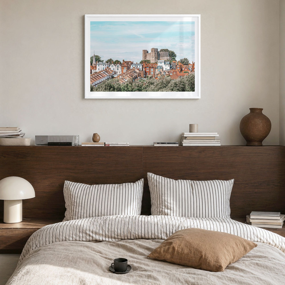Lewes Photo Poster in a white wood frame, hanging in a bedroom, white border