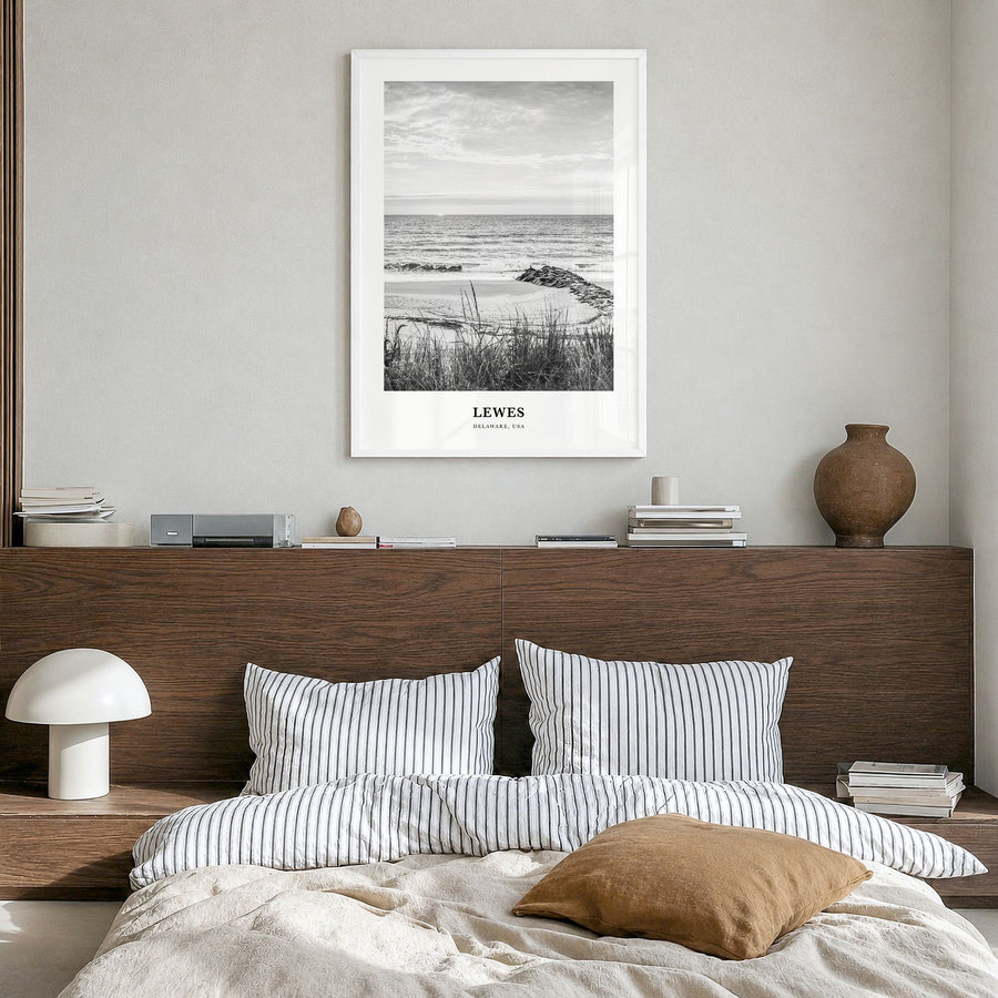 Lewes Classic Poster in a white wood frame, hanging in a bedroom