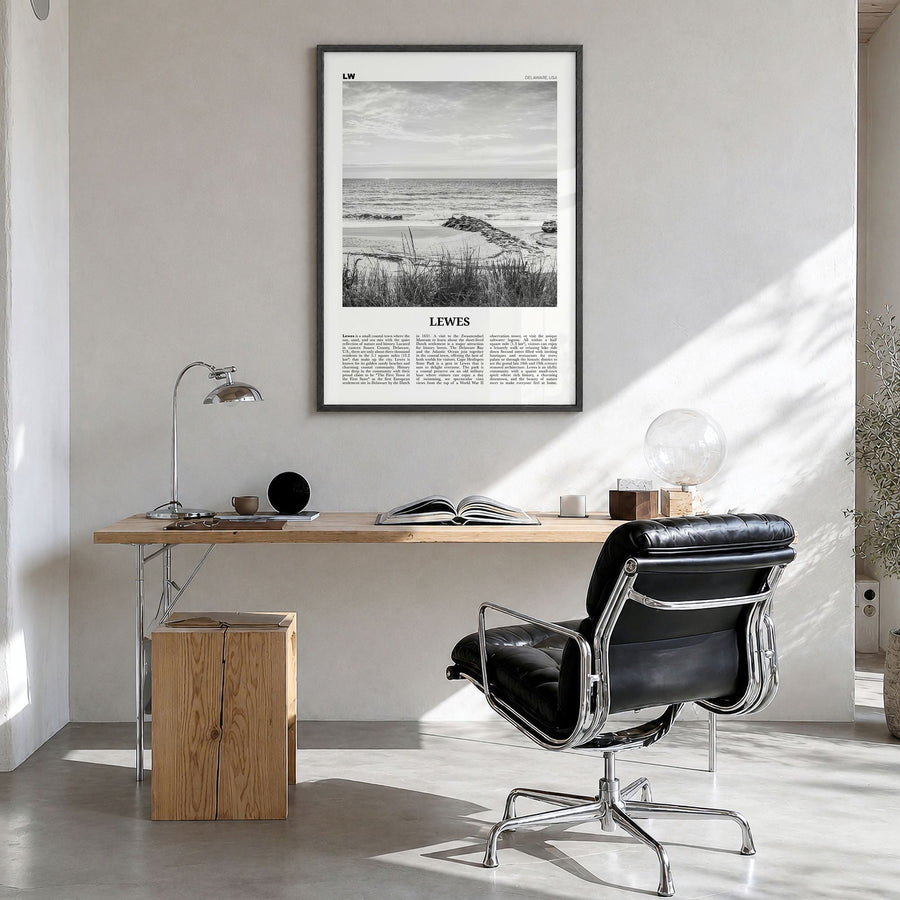 Lewes Newspaper Poster in a black wood frame, hanging in a bright home office